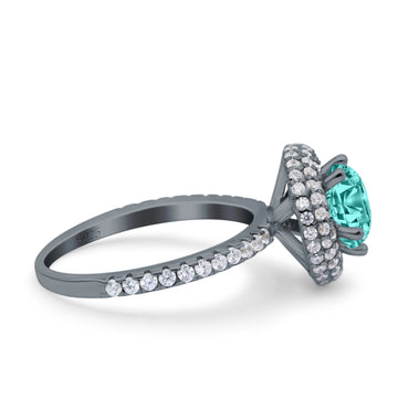 Halo Art Deco Wedding Ring Round Black Tone, Simulated Paraiba Tourmaline CZ 925 Sterling Silver